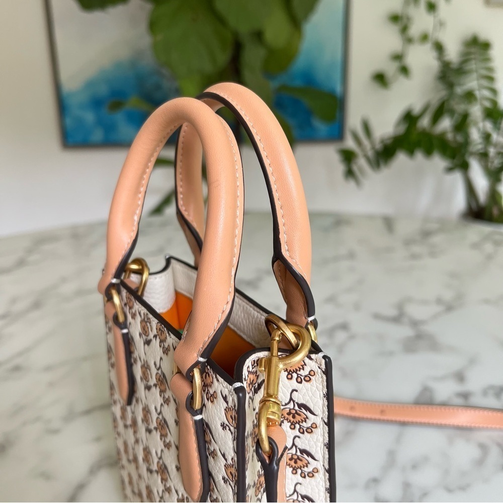Tory Burch Blake Printed Mini Shopper French Cream Curly Ditsy Logo Floral - Picture 4 of 12